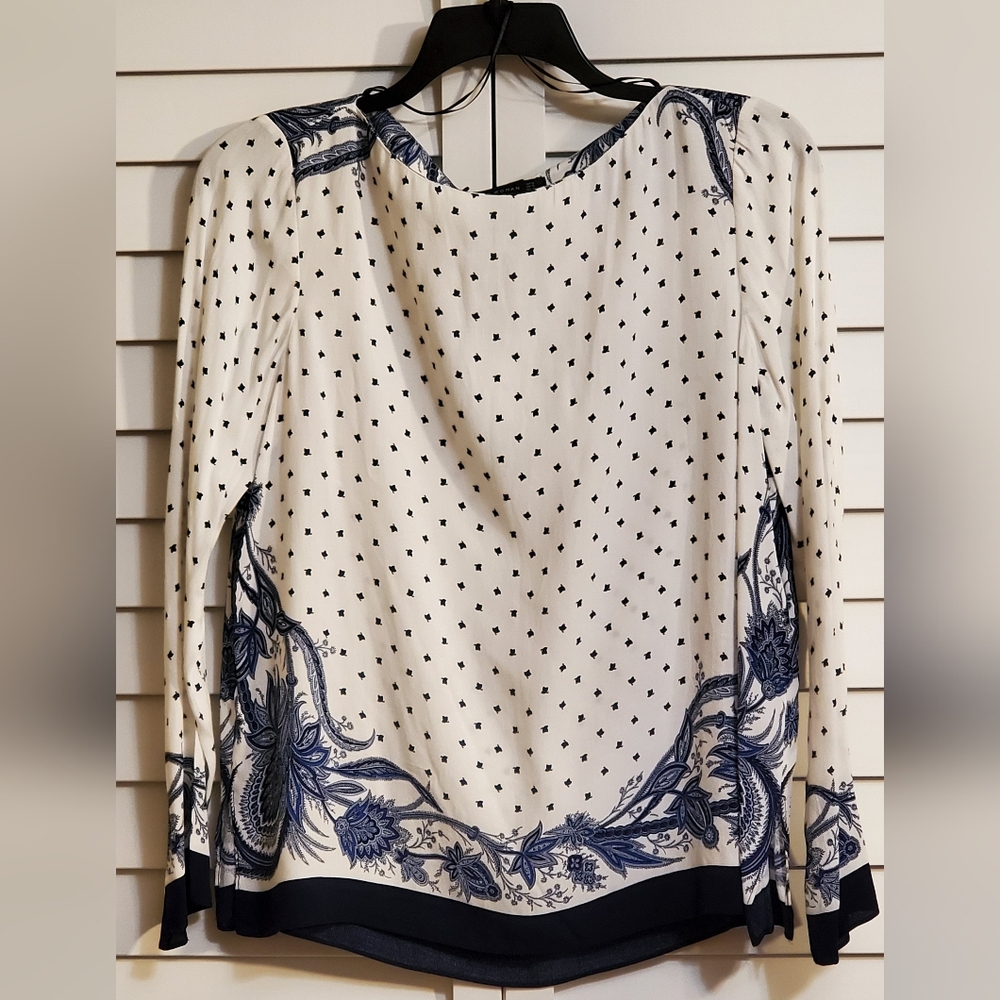 ZARA Silky Navy & White Beautiful Print Long Sleeve Blouse Size XL